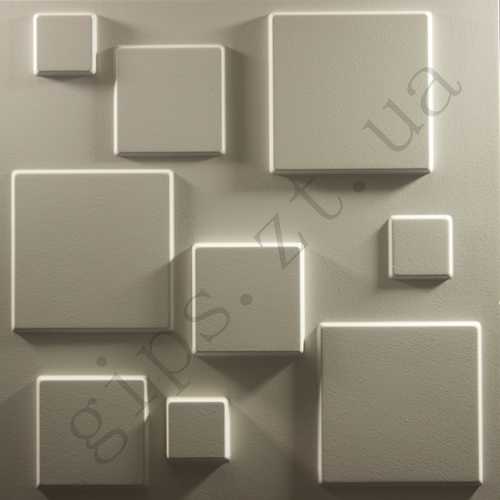 Гипсовая 3д панель • ПЛИТКА • Выпуклые квадраты разного размера с разной глубиной, 3д рельефная панель из гипса